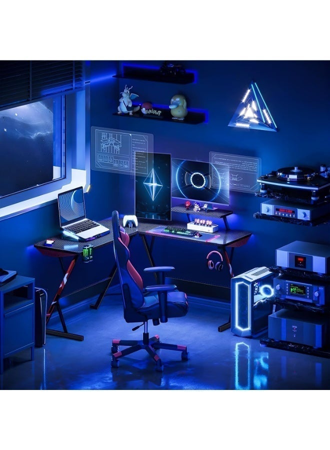 Anvanke 130CM L-Shaped Gaming Desk and Chair Set, Carbon Fiber Surface with Large Monitor Riser, Sturdy PC Workstation for Home Office & Gaming - Image 4